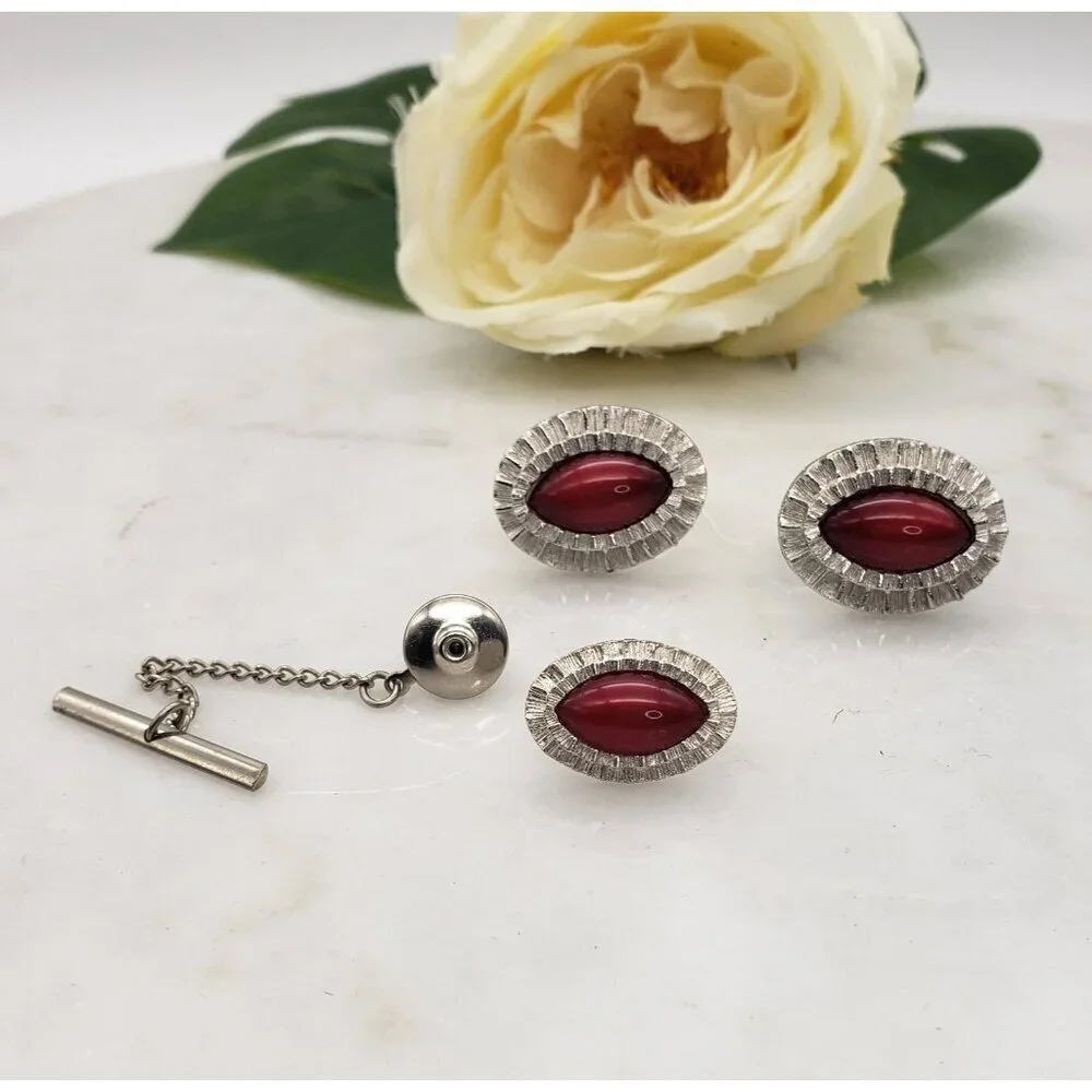 Vtg Garnet Pink Tiger's Eye Stone Fluted Silver Halo Cufflinks & Tie Tack Set